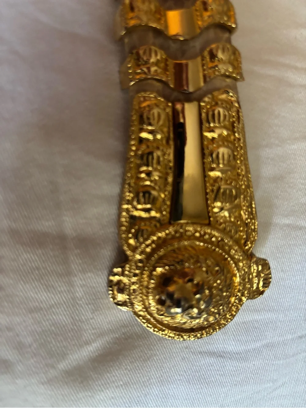 Vintage Judith Leiber Ivory Snakeskin Signature Belt with Gold Lion Crest